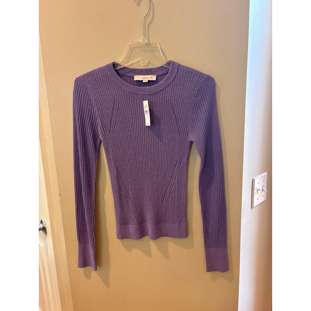 New Loft Purple Metallic Ribbed Long Sleeve Crew Neck Sweater 3986SZ 600 Small